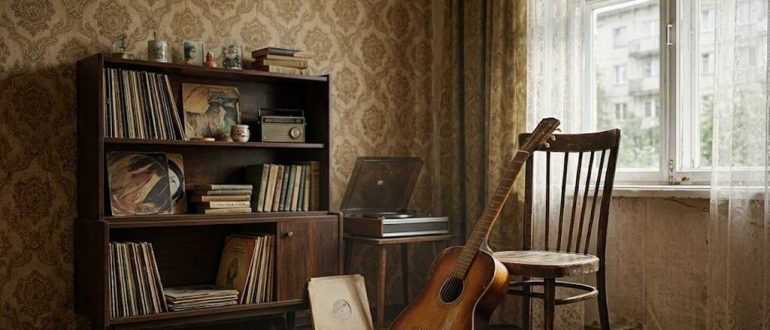 Старая гитара у окна в интерьере советской квартиры
